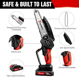 Бездротова бензопила Huini Mini Cordless 6 дюймів з великою літій-іонною батареєю, потужна електрична бензопила з 2 ланцюгами - мініатюра 5