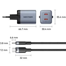 Зарядний пристрій 2xUSB-C 45W PD3.0/QC/GaN + USB-C cable М-М чорний Vention - мініатюра 3