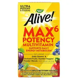 Мультивітаміни з Натуральними Овочами та Фруктами (із Залізлм) Alive! Max6 Daily Multivitamin (With Iron) - 90 вег.капсул