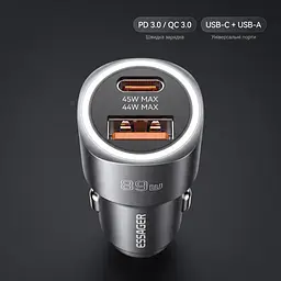Essager Car Charger 89W 2 порта USB-C та USB-A Super Fast Charge PD QC 3.0 (сірий) - мініатюра 3