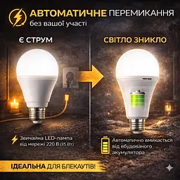 Аварійна акумуляторна LED лампа 35W E27 автономна до 6 годин, автоматичне ввімкнення при відключенні світла - мініатюра 2