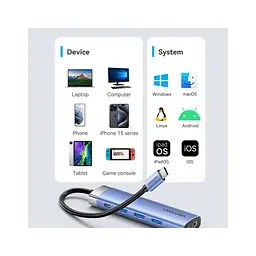 Концентратор Vention USB 3.1 Type-C to HDMI/USB 3.0x3/PD 100W Blue Aluminum Alloy Hub 5-in-1 (TGESB) - мініатюра 10