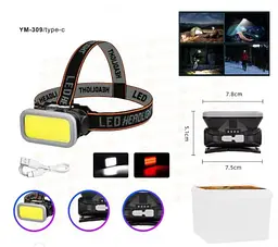 Налобний ліхтар Head Lamp YM-309-COB з акумулятором біле та червоне світло USB-зарядка - мініатюра 7