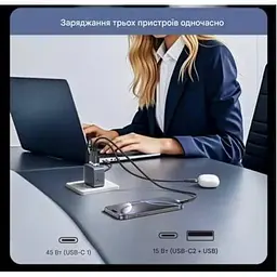 Зарядний пристрій Vention 1xUSB-C PD70W + 1xUSB QC3.0 22.5W GaN + cable USB-C to USB-C 1.0m 5A gray (TZ-FCGH0-EU) - мініатюра 3