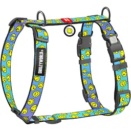 Шлея для собак Waudog Nylon анатомічна H-подібна з QR-паспортом розмір M 2х38-60х46-60 см смайли на блакитному