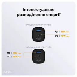 Зарядний пристрій мережевий MAKE 45W GaN3 Mini Type-C PD + USB QC4.0 Black - мініатюра 4