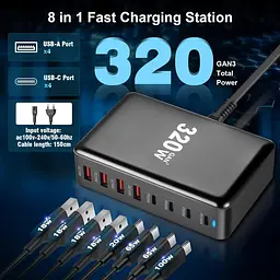 Зарядна станція ILEPO 320W багатопортова на 4 USB + 4 Type-C / мережевий мультизарядний пристрій Black (19026) - мініатюра 6