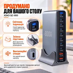 Зарядний пристрій XoKo 8xUSB-C PD 65 - 140W + 2xUSB QC30W GaN3 800W (XK-QC-800) - мініатюра 12