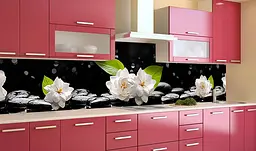 Вініловий кухонний фартух Білі квіти на камінні наклейка для кухні ПВХ Чорний 65х250 см Happy Pocket Z181433