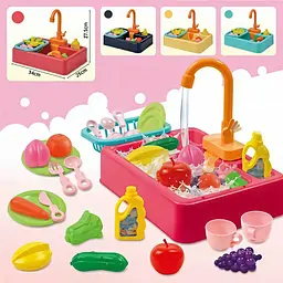 Мийка 388-5 тече вода, посуд та продукти в наборі, на батарейках (6984809400374) Рожевий - мініатюра 3