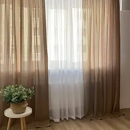 Легкі лляні штори кавового кольору 2шт. 150х270 з білим шифоновим тюлем 400х270, на тасьмі ALBO pbe0052630 - мініатюра 2
