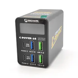 Зарядна станція з цифровою індикацією MECHANIC C-Power 6S, 2*USB-A, 2*QC3.0-5В3А,9В2A,12В1.5А, 2*PD3.1-5В3А,9В2.22A,12В1.67А, 220V/50W.150*100*50mm
