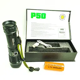 Ліхтар акумуляторний ручний металевий ліхтарик із зумом 26650 battery BL X71 P50 чорний