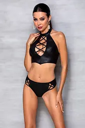 Комплект з еко-шкіри: бра та трусики з імітацією шнурівки Passion Nancy Bikini, S/M, чорний - мініатюра 3