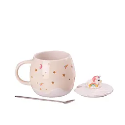 Чашка керамічна Happy Life Rainbow з кришкою та ложкою бежева 400 мл HPCY8278BE - мініатюра 2
