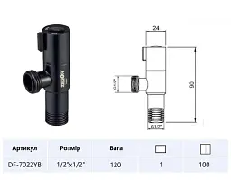 Кран кутовий приладовий Zegor DF-7022YB 1/2"х1/2" Чорний 30412 - мініатюра 2