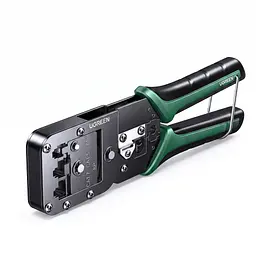 Обтискні кліщі для мережевого кабелю UGREEN NW200 кримпер для RJ45 8P та RJ11 6P зі зняттям ізоляції та різанням для конекторів Cat5 / Cat5e / Cat6 / Cat6a / Cat7 / Cat8 не для наскрізних конекторів або 4P з обтисканням хвостового затискача два отвори 8P без перемикання викруткою з м’якими нековзними руків’ями з фіксувальним кільцем для зберігання чорні (15115)