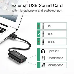 Зовнішній стереофонічний звуковий адаптер Ugreen US205 для навушників USB 3,5 мм Black (30724) - мініатюра 8