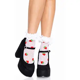 Шкарпетки жіночі з полуничним принтом Leg Avenue Strawberry ruffle top anklets One Size, мереживні м - мініатюра 2