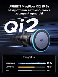 Магнітний автомобільний тримач із бездротовим заряджанням UGREEN MagFlow W708 із кріпленням-гачком у дефлектор Qi2 до 15 Вт вхід живлення USB-C PD/QC для iPhone 12 і новіших з iOS 17.2 обертання на 360° з LED-підсвічуванням кабель USB-C ↔ USB-C 1 м у комплекті сіро-чорний (35970) - мініатюра 15