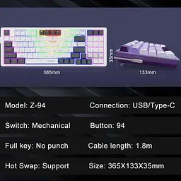 Ігрова дротова механічна клавіатура E-YOOSO Z94 / Red Switch / RGB / Hot Swap / White - мініатюра 3