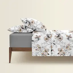 Комплект постільної білизни Cosas полуторний з простирадлом на резинці PASTEL FLOWERS 160 x 220 см (FlowersBeigeWhite_El-53Graphite_160) - мініатюра 2