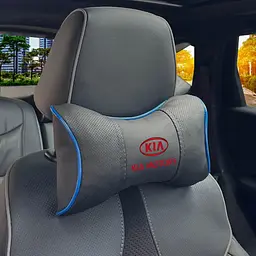 Подушка на підголівник з логотипом Kia Екошкіра 3D Кольоровий лого Чорна-Синій кант 1 шт