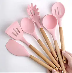 Силіконовий кухонний набір приладдя Kitchen & Dining 12 предметів (дерево+силікон) рожевий - мініатюра 3