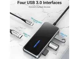 Мультипортовий адаптер Vention 5 in 1 Type-C-USB-PD 4USB 3.0 0.15m Black (TFDHB) - мініатюра 6