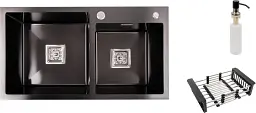 Кухонна мийка Platinum Handmade PVD HDB з нержавіючої сталі 3.0 мм квадратний сифон 78x43x23 см чорна - мініатюра 2
