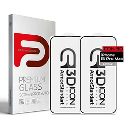 Захисне 3D скло для Apple iPhone 15 Pro Max, Icon 3D, загартоване, 9H, загартоване скло, повне проклеювання, протиударне, глянсове з олеофобним покриттям, на весь екран, сумісне з чохлами, проста установка, ArmorStandart (ARM74271)