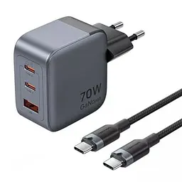 Зарядний пристрій Vention 2xUSB-C PD70W + 1xUSB QC3.0 22.5W GaN + cable USB-C to USB-C 1.0m black gray (TZ-FEXH0-EU)