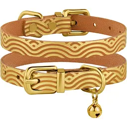 Нашийник для котів BronzeDog Barksi Classic Хвиля шкіряний одинарний з золотим тисненням 2XS 18-25х1 см гірчичний - мініатюра 3
