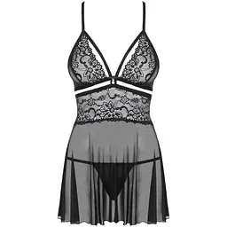 Еротичний мереживний комплект із сіточкою Obsessive 838-BAB-1 Babydoll & Thong Black L/XL, чорний