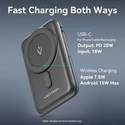 Універсальна мобільна батарея Vention Magnetic Wireless 10000mAh 20W PD USB-C In/Out, QI-15W Чорний - мініатюра 8
