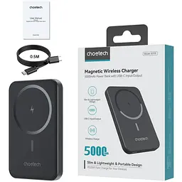 УМБ Choetech Magnetic Wireless 5000mAh 20W PD Qi-15W USB-C In/Out, тонкий, Black (B709-CCBK)
