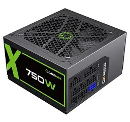 Блок живлення 750 Вт, GameMax GX-750, чорний, модульний, 80+ золотистий, Active PFC, 12 см, 3xMolex/6xSATA/4x6+2-pin