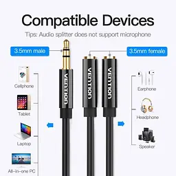Кабель-розгалужувач Vention 3.5mm Male to 2*3.5mm Female Stereo 0.3m Black (BBSBY) - мініатюра 6