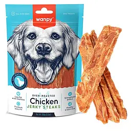 Wanpy Chicken Jerky Steaks ВАНПІ ФІЛЕ КУРКИ В’ЯЛЕНЕ СМУЖКИ ласощі для собак, 100 г
