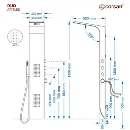 Душова панель Corsan Duo black LED з термостатом A777TBLLED, Чорний матовий - мініатюра 6