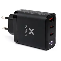 Зарядний пристрій Vinga 2xUSB-C + USB-A Display 65W (VCR65ACCDB)