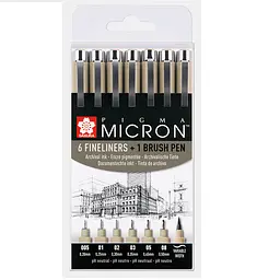 Набір лінерів Pigma Micron 6 шт + Pigma BRUSH в подарунок Sakura
