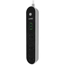 Фільтр мережевий LDNIO SC3301, 3 розетки, 1.6 м, чорний, 3xUSB (до 15.5 Вт, Auto ID), 10A, до 2500 Вт, вогнестійкий матеріал, 9