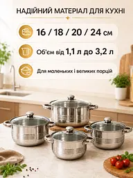 Набір каструль 8 предметів з нержавіючої сталі 16/18/20/24 см зі скляними кришками (49675918) - мініатюра 8