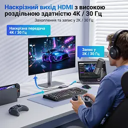 Карта відеозахоплення UGREEN CM726 з HDMI на USB-A/USB-C 3.0 захоплення 2K 30 Гц або 1080p 60 Гц з наскрізним виходом HDMI 4K 30 Гц для сигналу без захисту HDCP із захопленням звуку для OBS Studio формати YUY2 і MJPEG алюмінієвий корпус космічний сірий (25773) - мініатюра 14