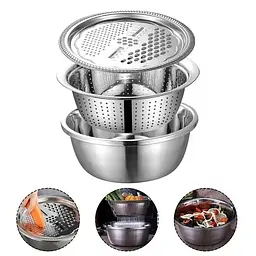 Кухонний набір Metal Basket Cutter багатофункціональний, з неіржавкої сталі миска, друшляк і тертка 3 в 1 - мініатюра 2