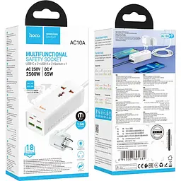 Мережевий подовжувач Hoco AC10A Barry PD65W GaN (2C2A with 1 socket) Desktop Charger White - мініатюра 6