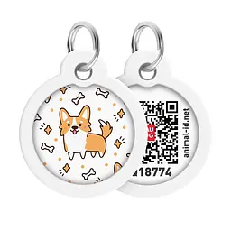 Адресник для собак і котів металевий Waudog Smart ID з QR паспортом малюнок Коргі коло Д 30 мм