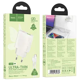 МЗП Hoco N45 Biscuit PD30W+QC3.0 (1USB-A/1C) + кабель Type-C to Lightning Moonlight white - мініатюра 6