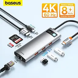 USB type C HUB Baseus 8 in 1 PD100W 4K 60 Гц USB 3.0 10 Гб/с - мініатюра 2
